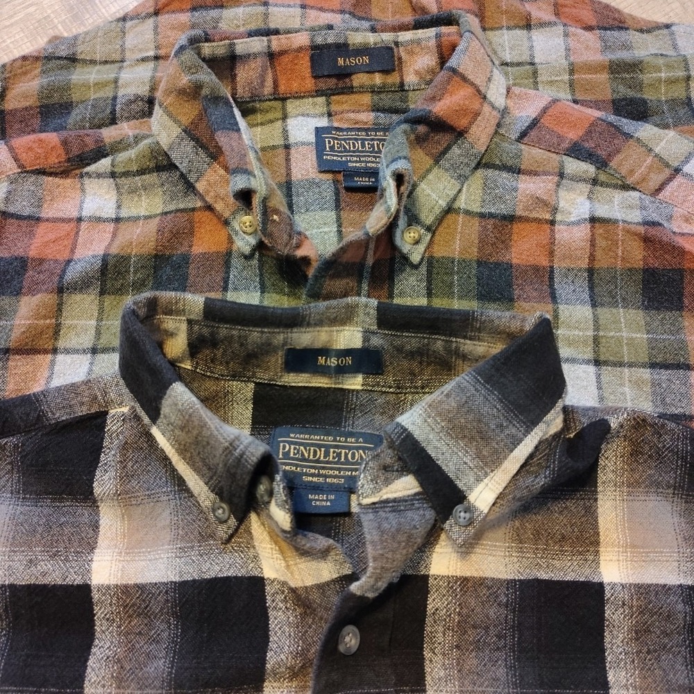 2 Pendelton Mason Flannel Shirt Shadow Plaid Medium Cotton Brown Black Gray